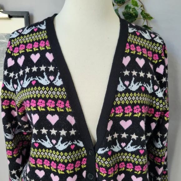 Anthropologie Maeve Hearts Dove Floral Cropped Novelty Cardigan Sweater L - Picture 4 of 14